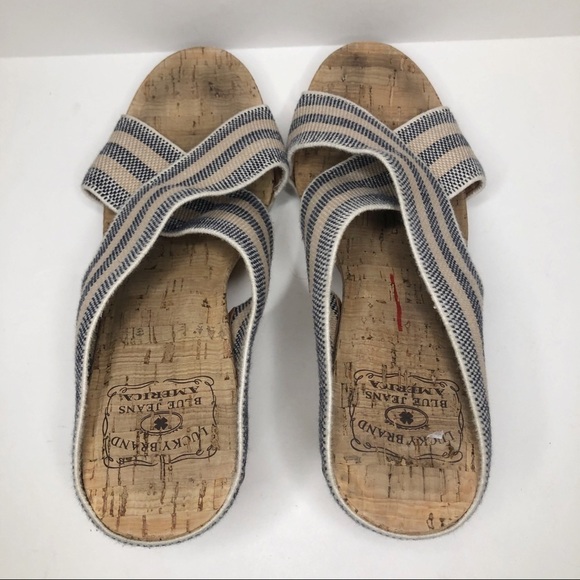 Lucky Brand cream navy X strap cork wedge heels - Picture 7 of 11